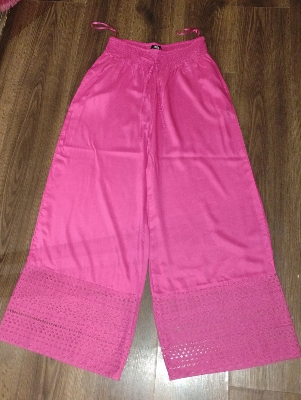 Bright Pink Wide-Leg Palazzo Pants with Lace Hem